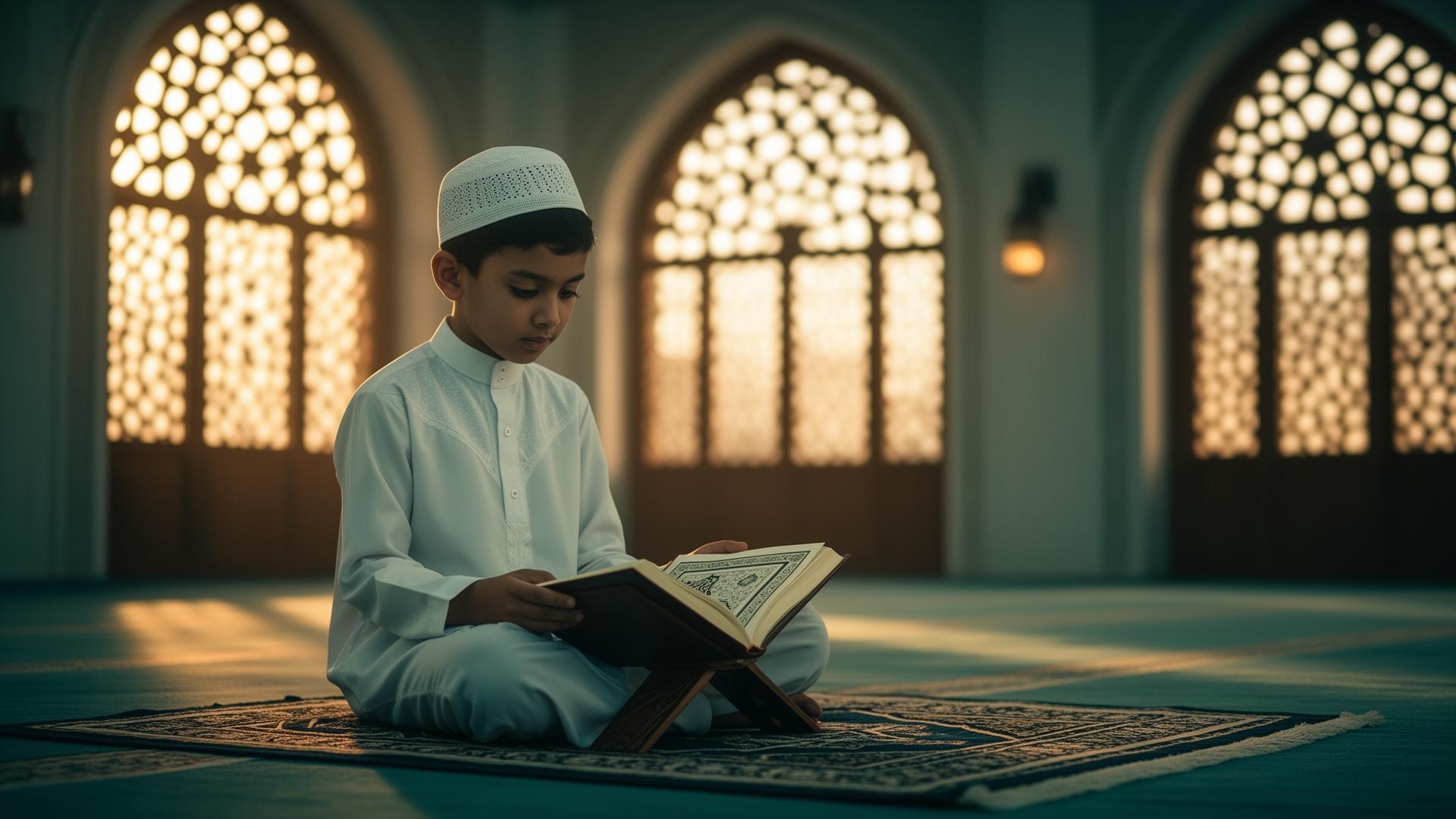 Young student reading the Holy Quran in a peaceful Islamic study hall